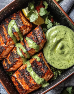 Spicy Blackened Salmon Bowl with Avocado Cilantro Sauce