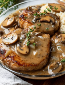 Pork chops with onion and mushroom gravy