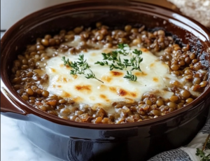 french onion baked lentils and farro