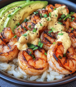 Spicy Shrimp and Avocado Rice Bowl A flavorful and healthy meal in a bowl