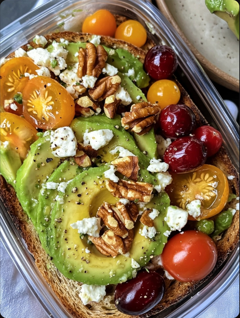 Avocado Toast with Feta, Cherry Tomatoes, Cranberries, and Walnuts