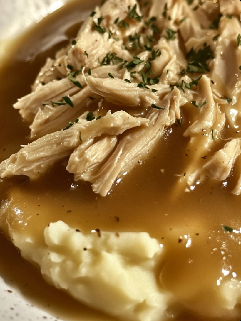 Shredded Chicken Gravy on Mashed Potatoes