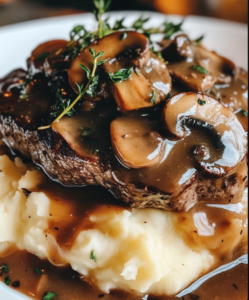 Steak with Mushroom Gravy and Creamy Mashed Potatoes
