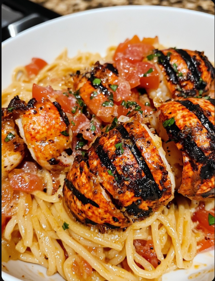 Spicy Lobster Pasta Made with Garlic Butter Basted Charcoal Grilled Lobster Tails 🦞🍝✨