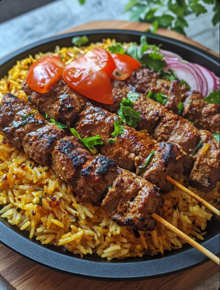 Lamb Kebab with Saffron Rice and Sugar Cookie Crust 🍢🍚