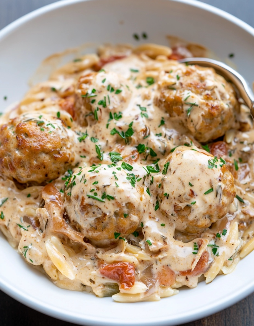 Parmesan, Sun-Dried Tomato, and Gouda Cheese Orzo with Lemon Zest Thyme Garlic Chicken Meatballs & Zesty Horseradish Cream Sauce