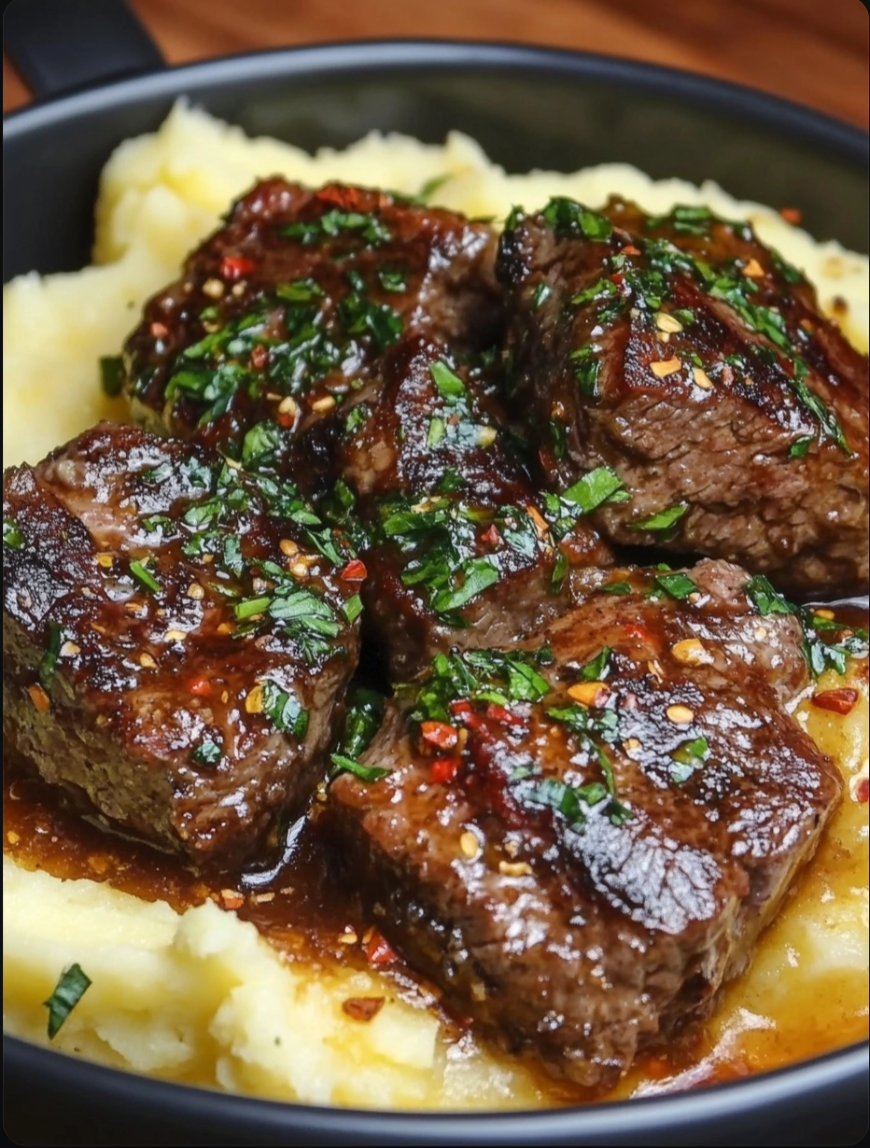 Butter Garlic Steak Bites and Mashed Potatoes