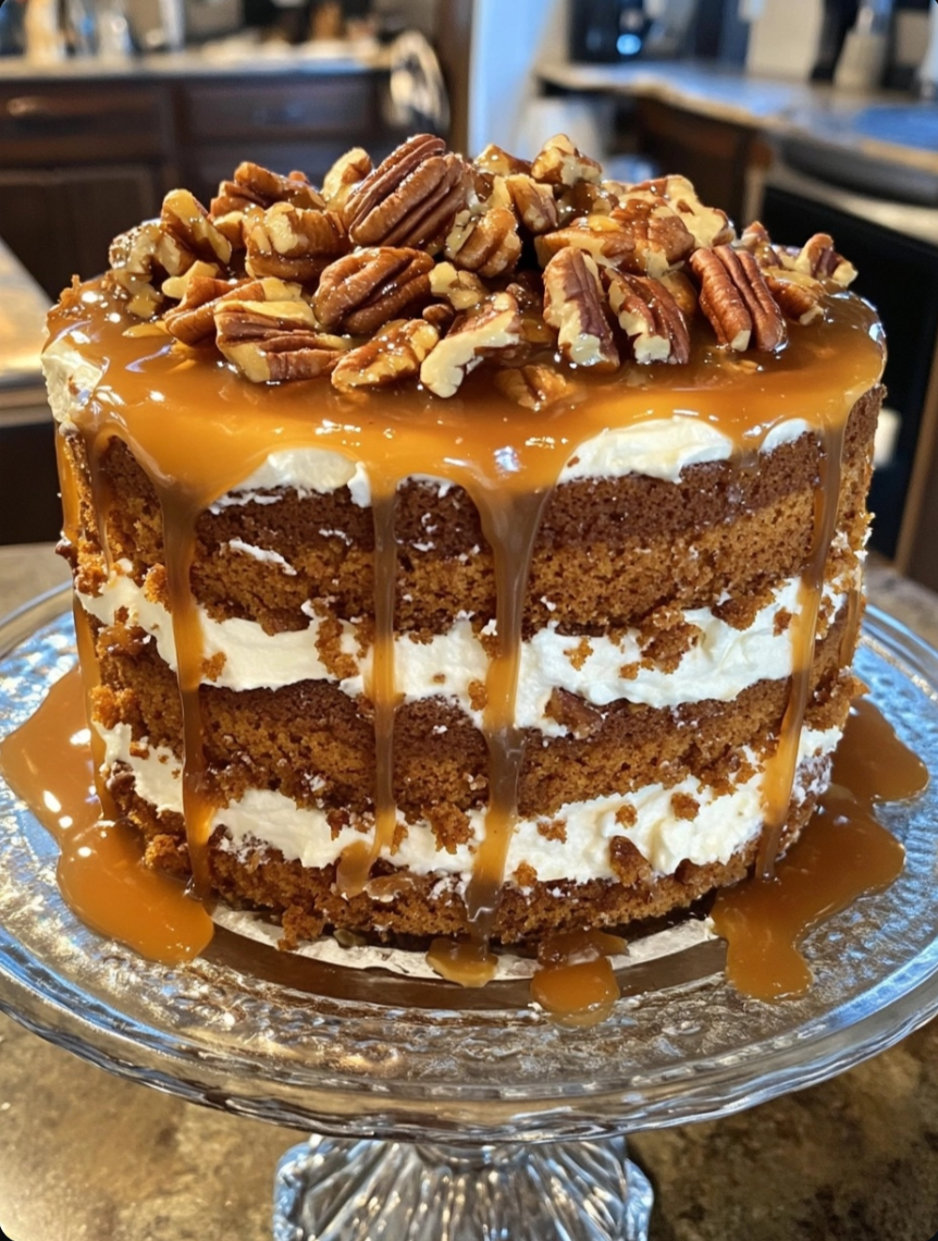 Carrot Spice Cake with Cream Cheese Frosting, Candied Pecans & Salted Caramel