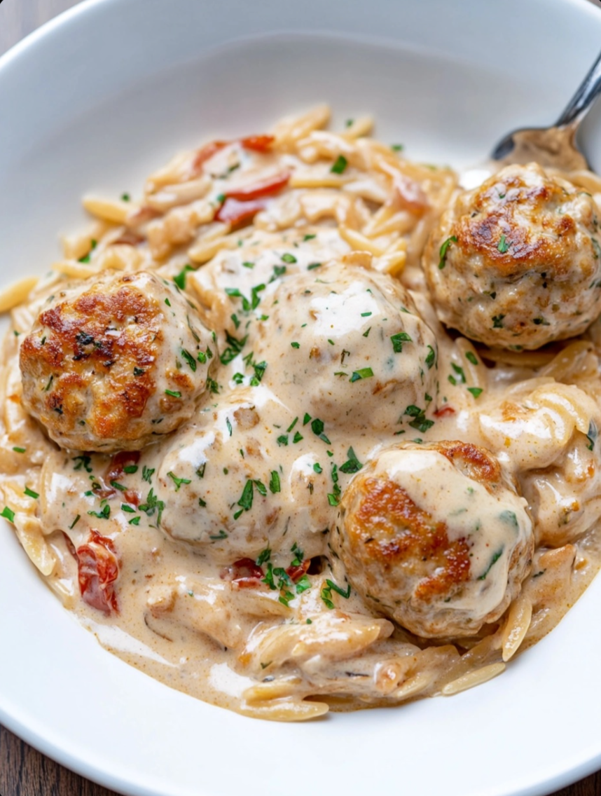 Parmesan, Sun-Dried Tomato, and Gouda Cheese Orzo with Lemon Zest Thyme Garlic Chicken Meatballs & Zesty Horseradish Cream Sauce