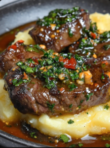 Butter Garlic Steak Bites and Mashed Potatoes