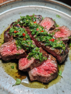 Butter Seared New Zealand Ribeye Steak Topped with Chimichurri Sauce