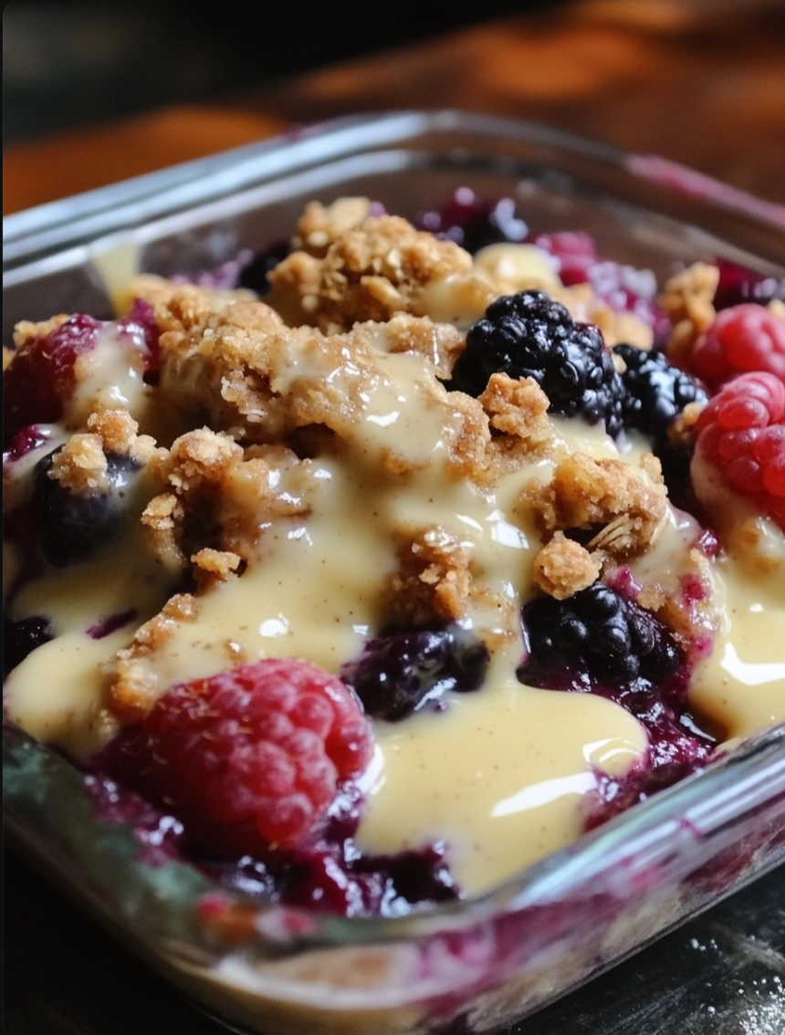 Mixed Berry Crumble with White Chocolate Crème Anglaise