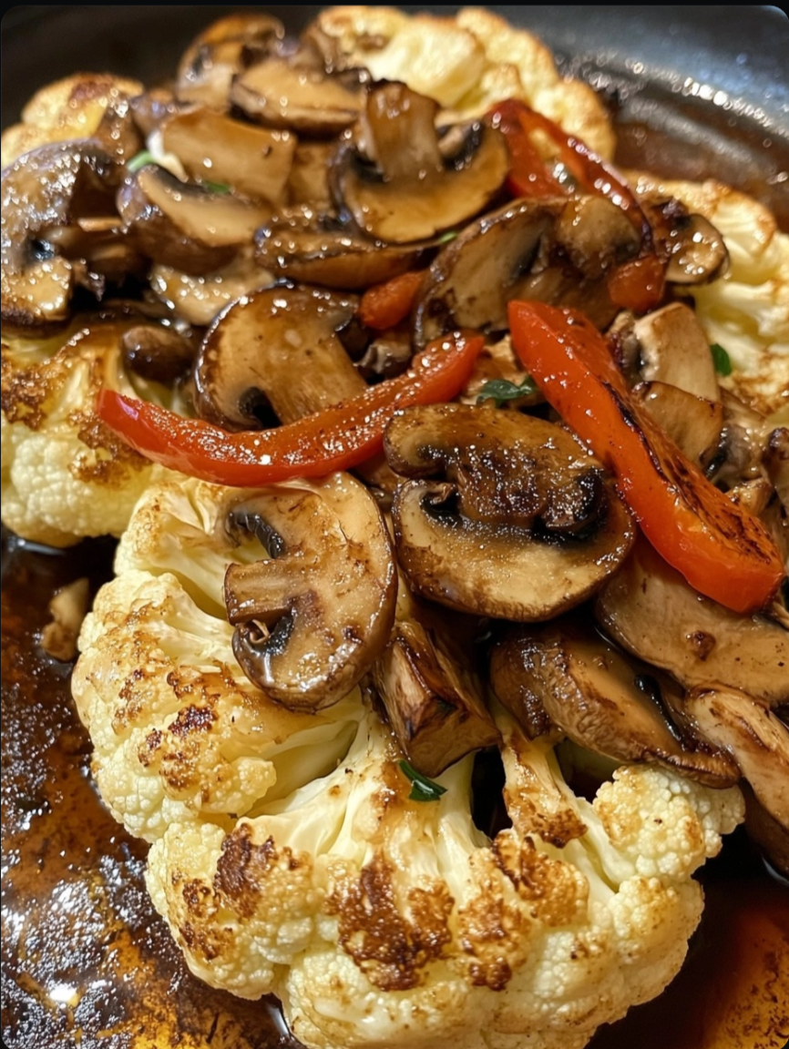 Cauliflower Steaks with Mushrooms, Red Bell Peppers & Feta ๐ฟ๐๐ง