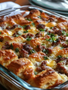 Biscuit Breakfast Casserole with Sausage, Eggs, and Chees
