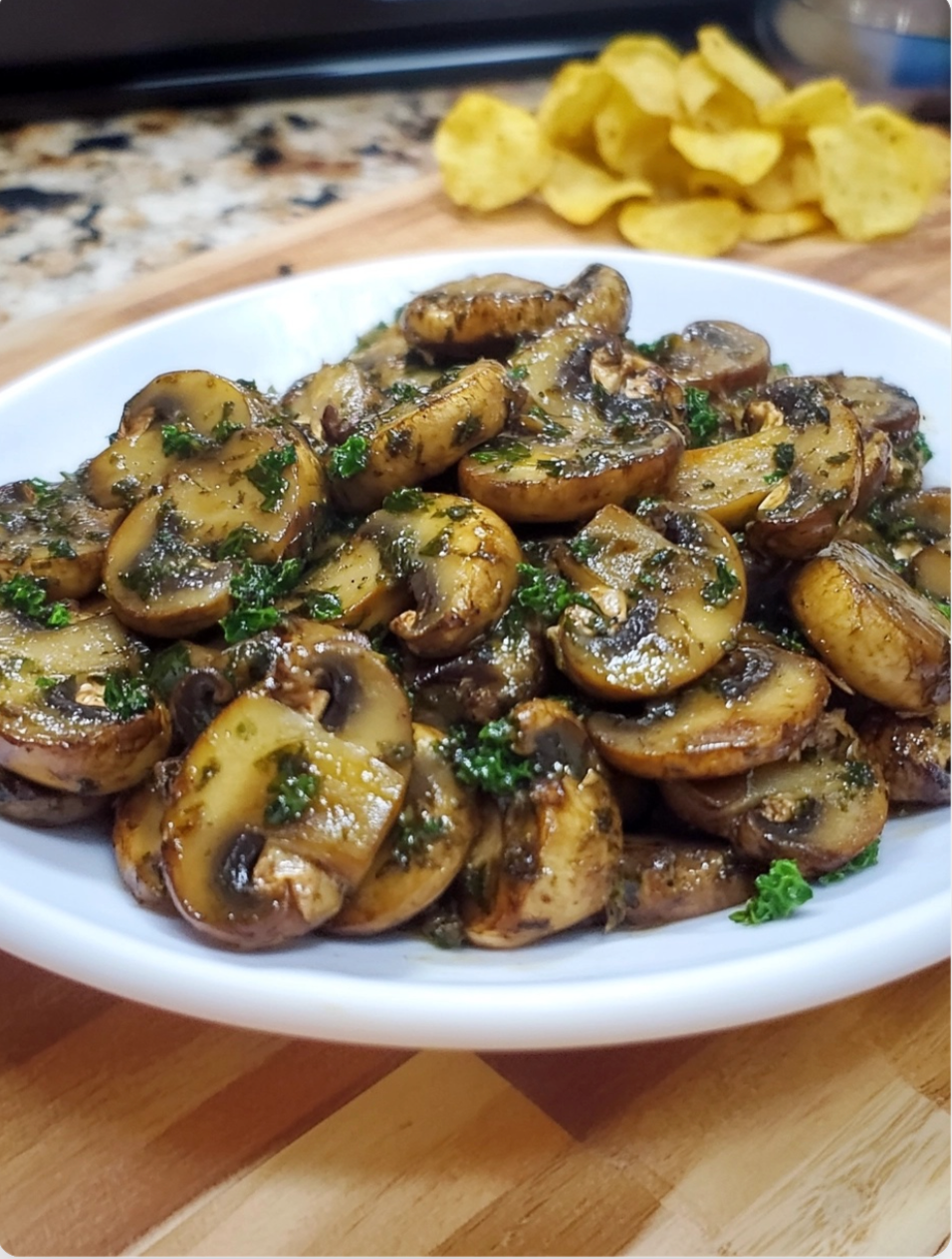 Secret Sauteed Garlic Mushroom with Crispy Kale and Homemade Chips