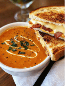 Viral Roasted Garlic Tomato Basil Soup with Ultimate Grilled Cheese & Bacon Sandwich