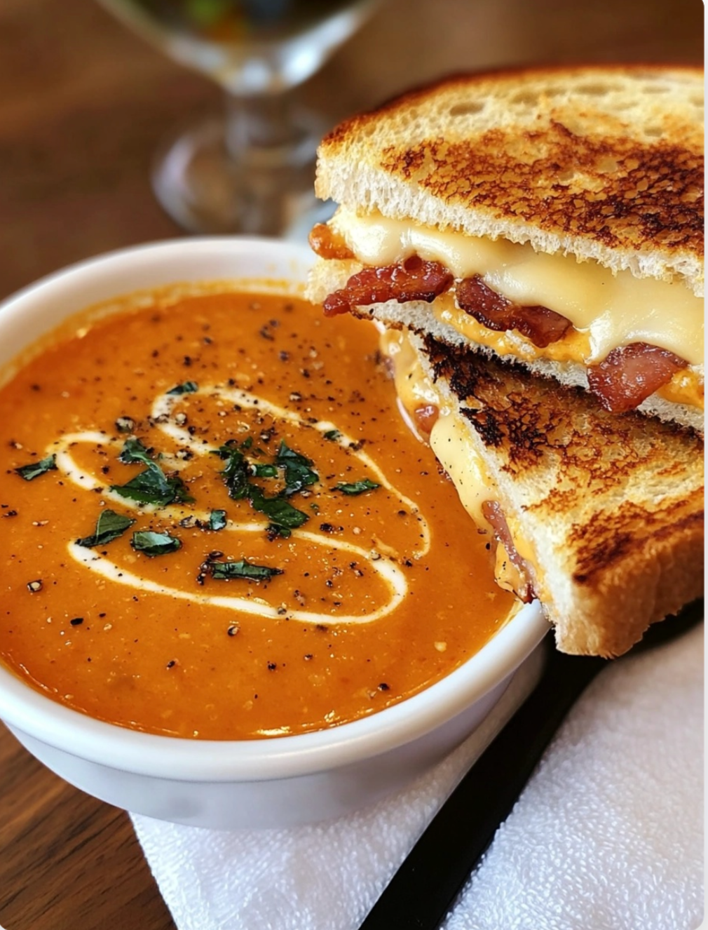 Viral Roasted Garlic Tomato Basil Soup with Ultimate Grilled Cheese & Bacon Sandwich