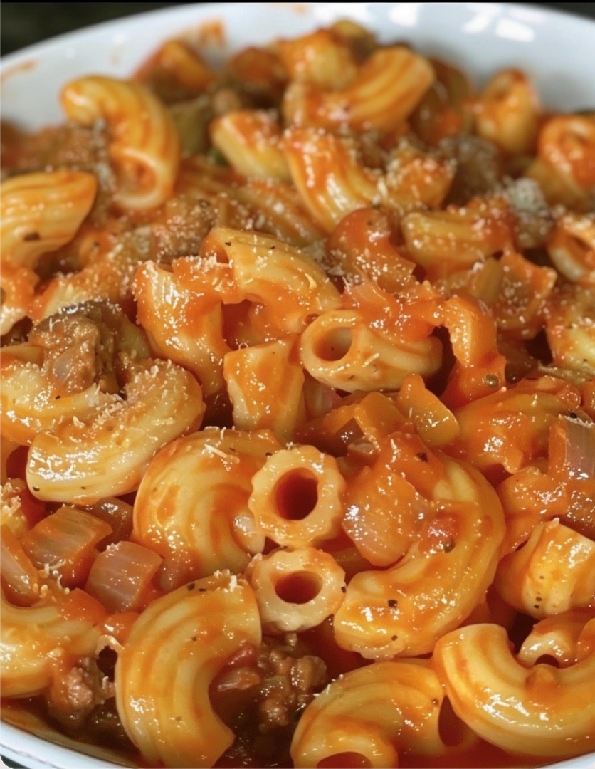 Macaroni with beef, peppers, onions in cheesy tomato sauce