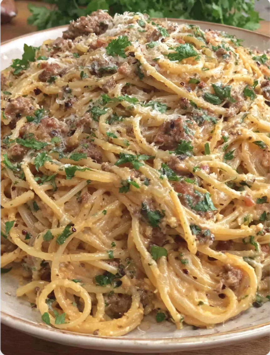 Creamy Garlic Butter Spaghetti with Parmesan Beef