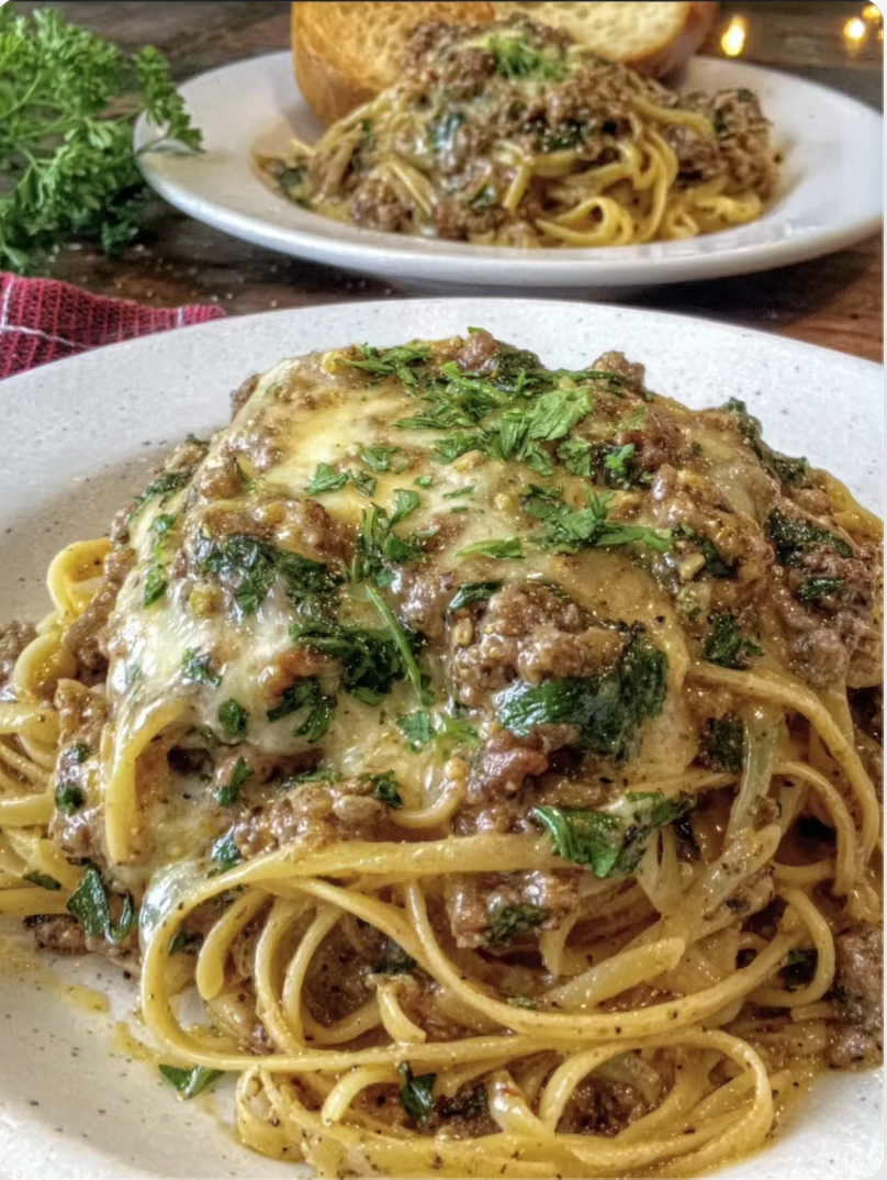 Garlic Butter Linguine with Cheesy Beef and Italian Sausage