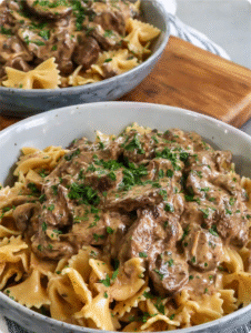 🍄 Classic Beef Stroganoff with Bow-Tie Pasta 🍝