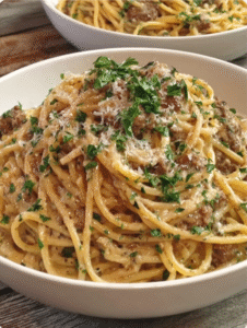 Creamy Garlic Butter Spaghetti with Parmesan Beef