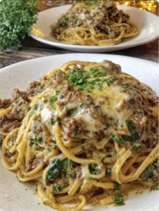 Garlic Butter Linguine with Cheesy Beef and Italian Sausage