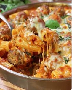 Cheesy Meatball Pasta Bake