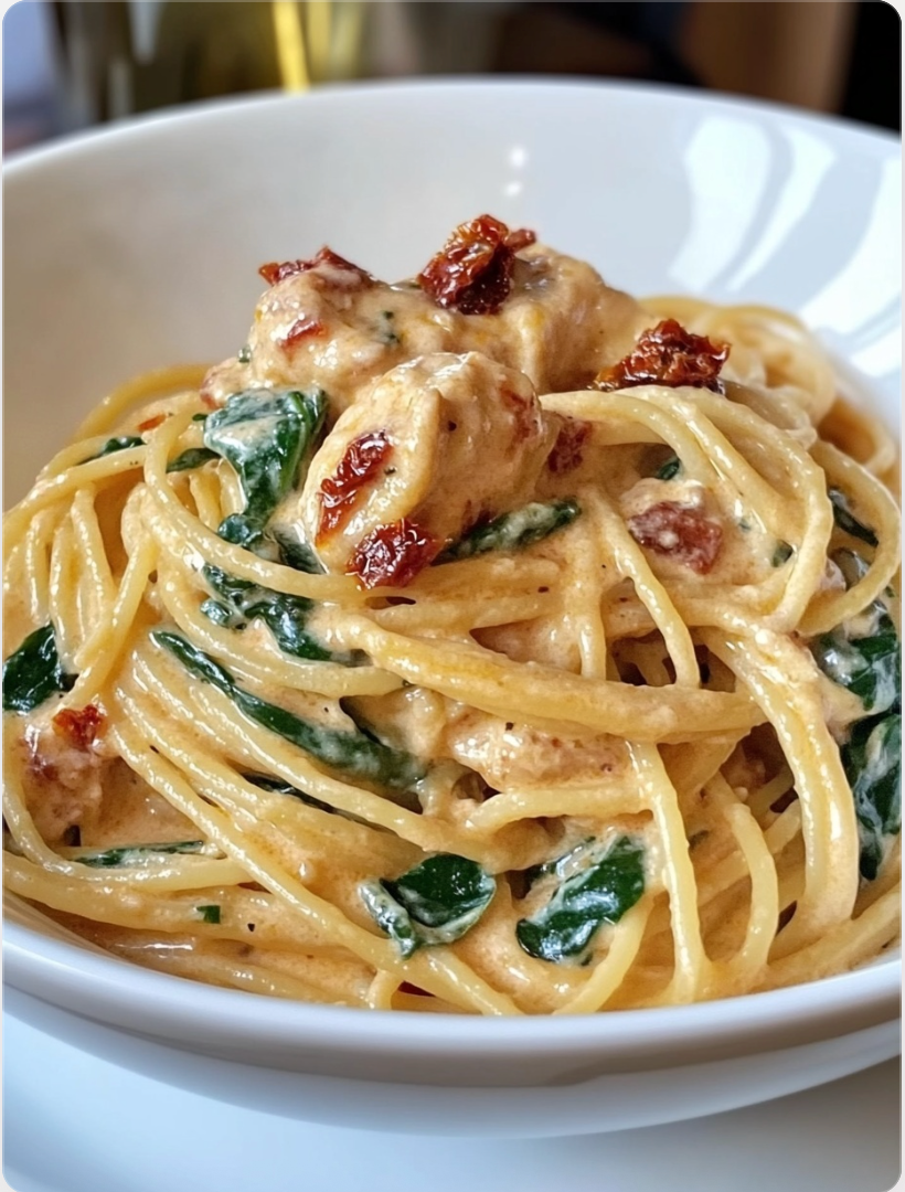 Spaghetti & Spinach with Sun-Dried Tomato Cream Sauce