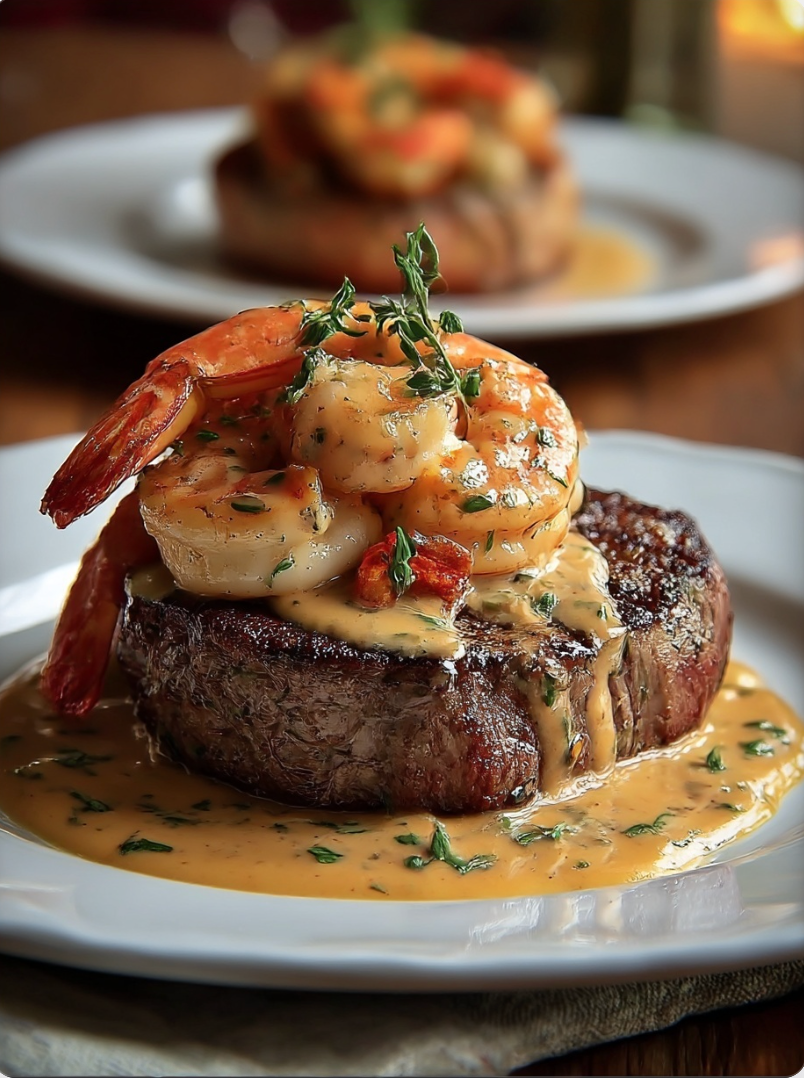Grilled Steak with Juicy Shrimp & Creamy Lobster Sauce