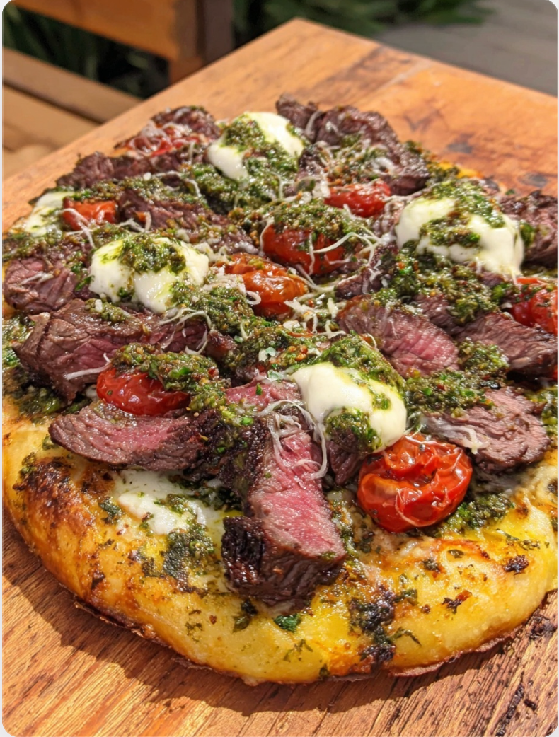 ✨ Chimichurri Steak Pizza with Fresh Mozzarella & Asiago