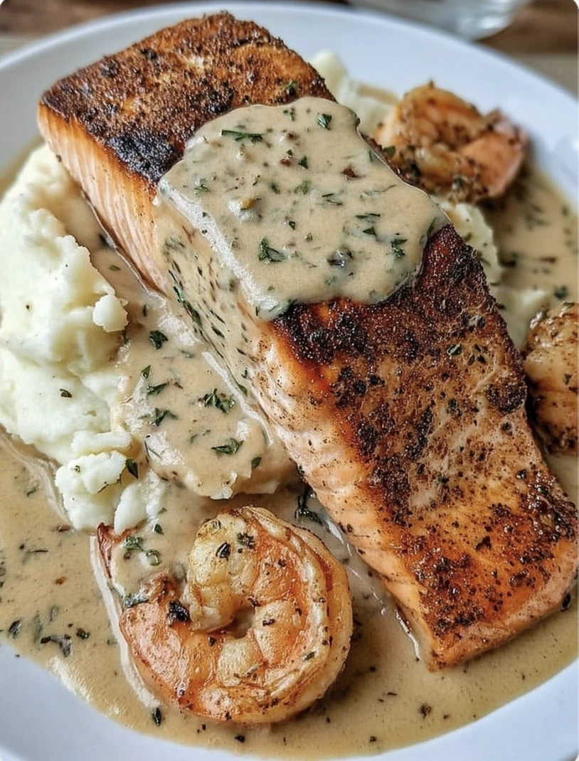 Cajun Salmon and Shrimp with Creamy Mashed Potatoes