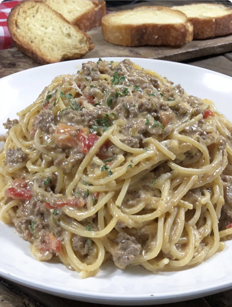 Creamy Italian Spaghetti Ground Beef Onepot Wonder