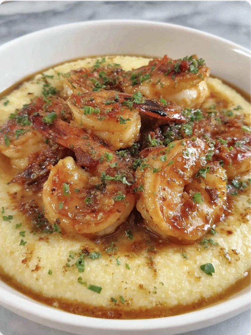 Hot Honey Butter Shrimp & Grits over Creamy Smoked Gouda Grits