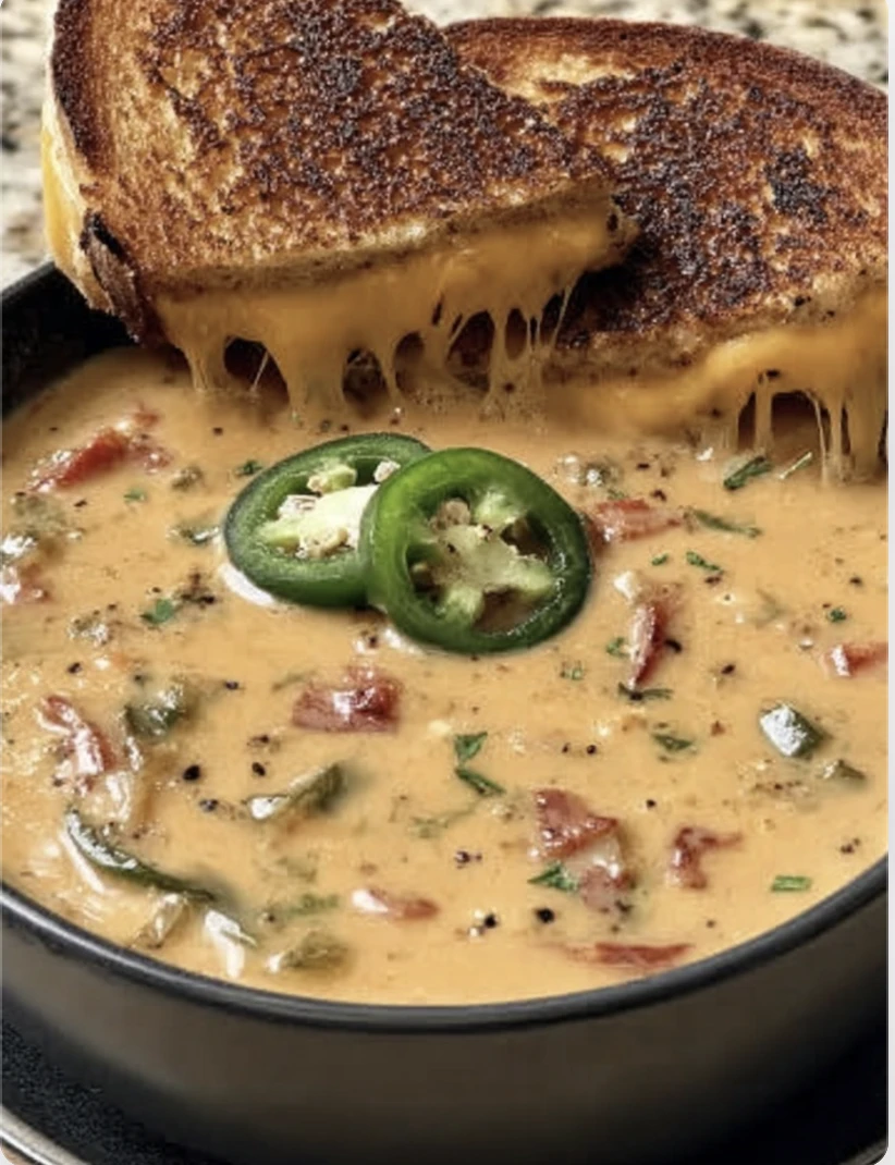 spicy Jalapeño Popper Soup with Grilled Cheese Dippers