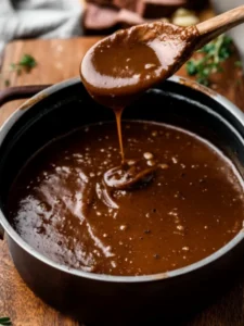 A small saucepan of homemade beef brown gravy
