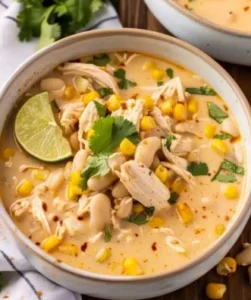 A steaming bowl of Cajun white chicken chili