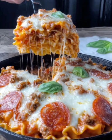 Cheesy Loaded Pizza Lasagna Skillet Bake