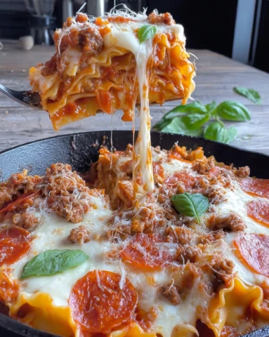 Cheesy Loaded Pizza Lasagna Skillet Bake