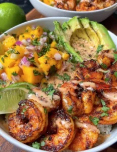 🦐🥑 Shrimp & Avocado Bowls with Mango Salsa & Lime-Chili Sauce ✨