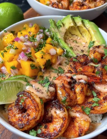 Shrimp Avocado Bowls Mango Salsa Limechili Sauce
