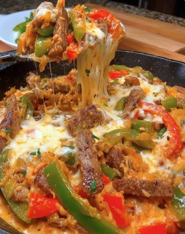 Sizzling Cheesy Queso Steak Fajita Skillet