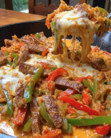 Sizzling Cheesy Queso Steak Fajita Skillet