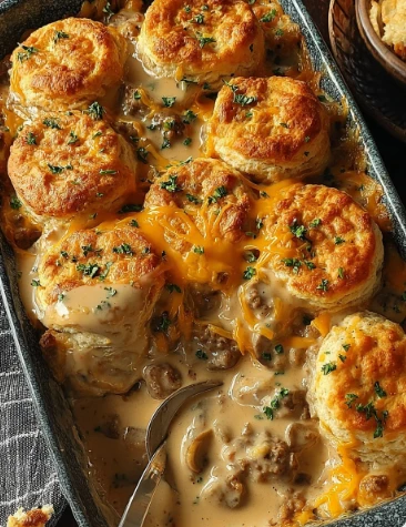 Yummy Biscuits Gravy Hashbrown Breakfast Casserole