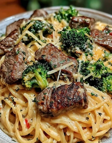 Yummy Creamy Steak Baby Broccoli Alfredo Spaghetti