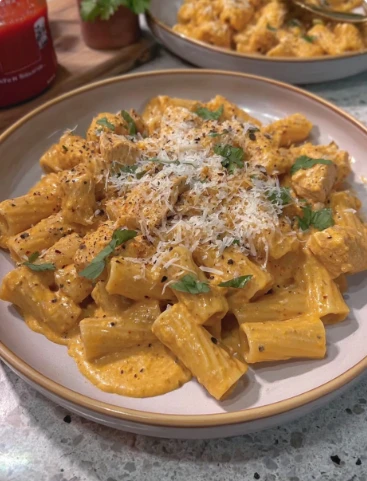 Yummy Creamy Chicken Rotini Cheddar Parmesan Garlic Sauce