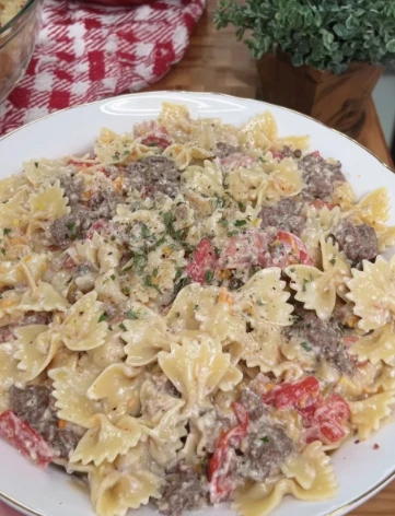 Yummy Creamy Parmesan Garlic Beef Bowtie Pasta