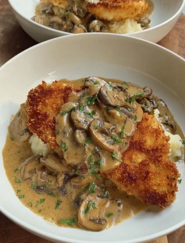 Yummy Golden Crispy Chicken Parmesan Mushroom Sauce