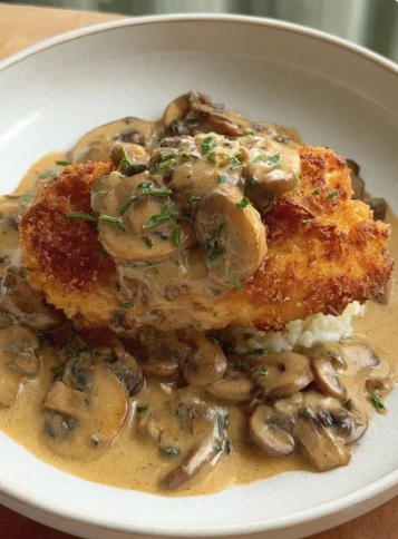 Yummy Golden Crispy Chicken Parmesan Mushroom Sauce