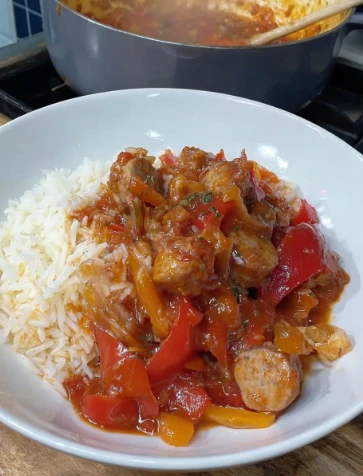 Yummy Sausage Onion Bell Pepper Tomatoes Over Rice